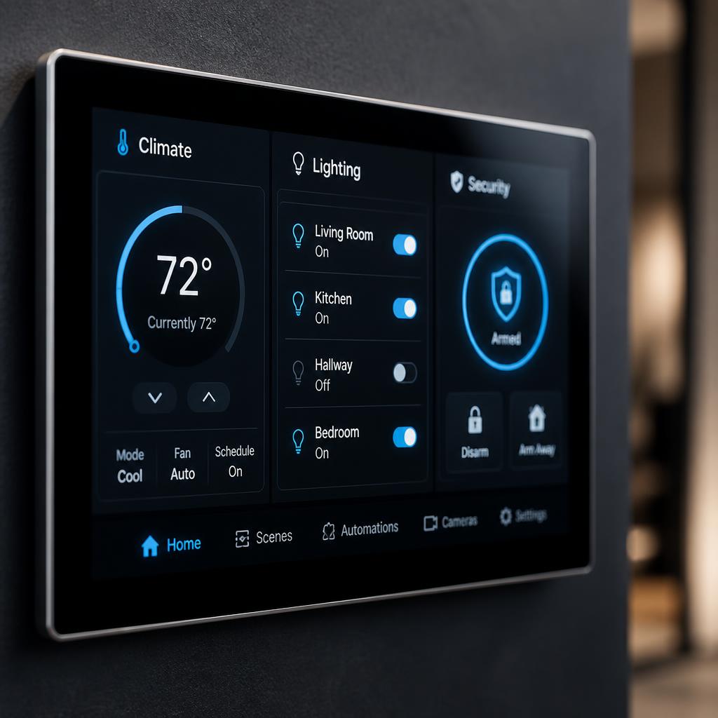 Close up of a modern smart home control panel on a sleek dark wall, showing temperature, lighting, and security controls with neon blue accents, professional product photography, macro lens, shallow depth of field, no people