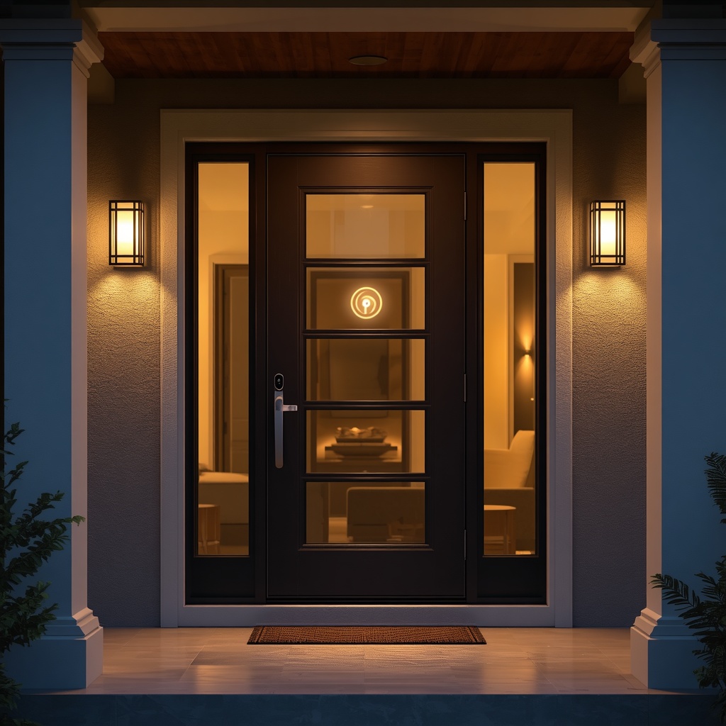 A beautiful modern front door with a glowing smart lock and video doorbell, dusk lighting, warm welcoming porch lights, sleek architectural lines, secure home concept, professional architectural photography, no people